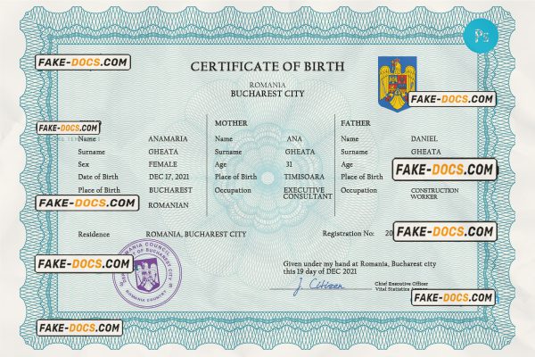 Romania vital record birth certificate PSD template scan