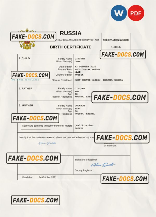 Russia vital record birth certificate Word and PDF template, completely editable scan