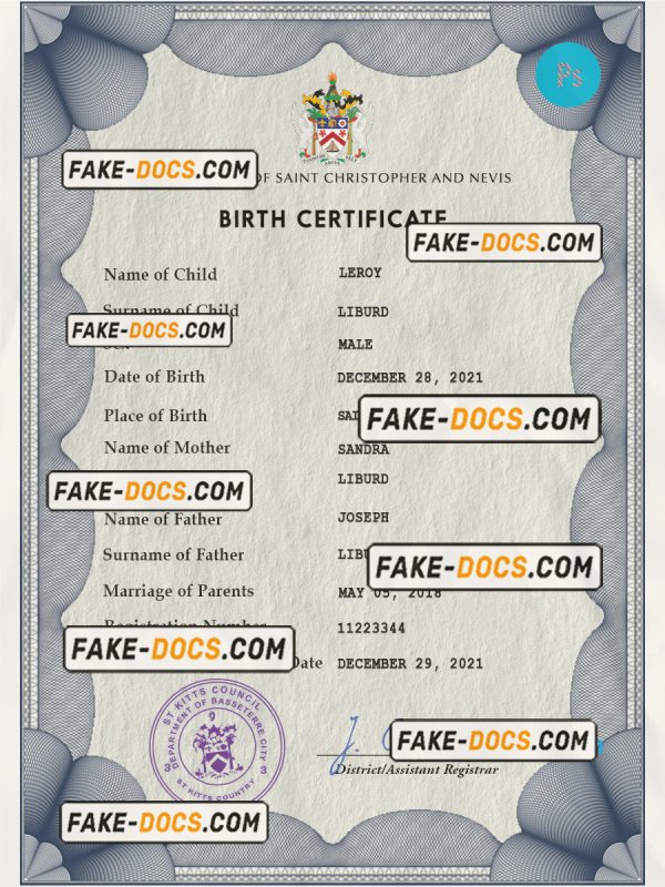 Saint Kitts vital record birth certificate PSD template scan