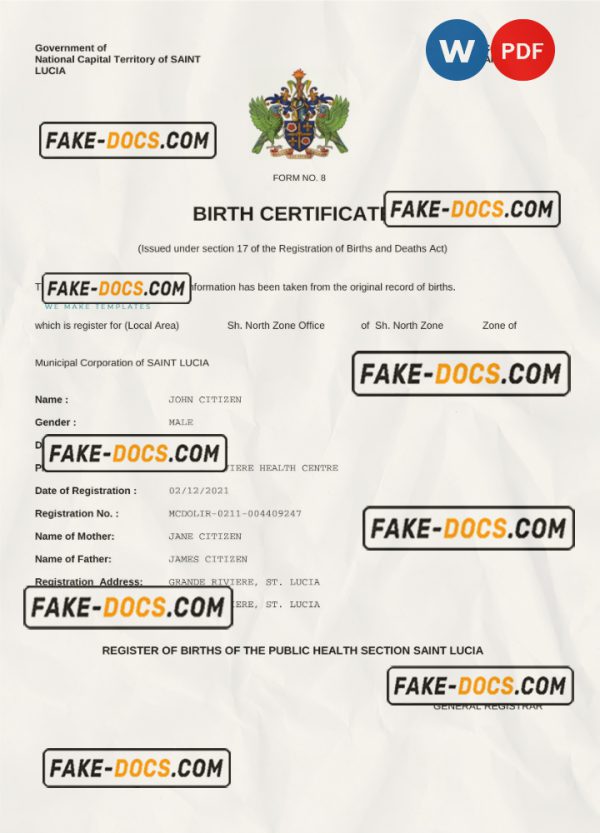 Saint Lucia birth certificate Word and PDF template, completely editable scan