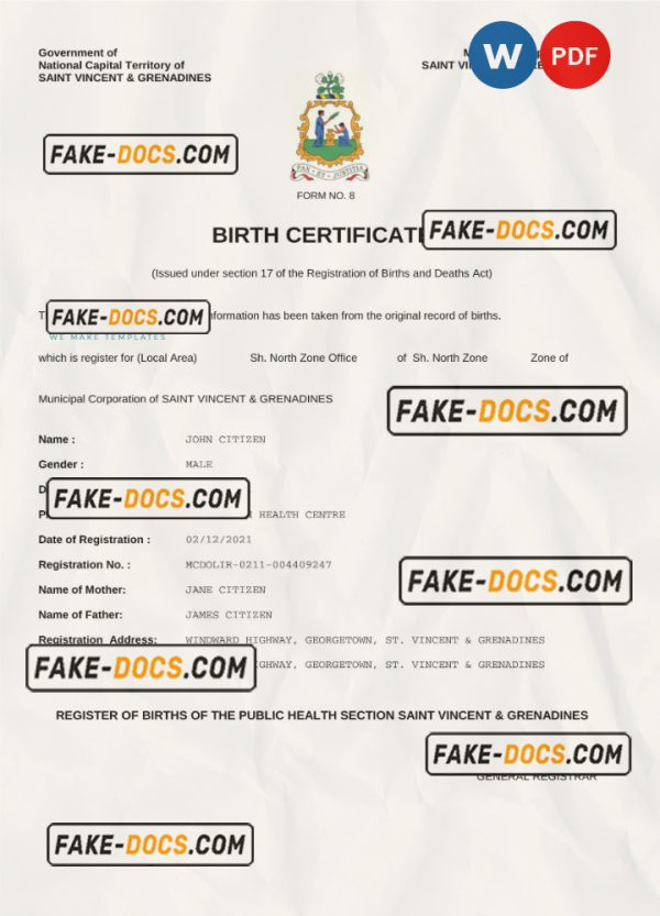 Saint Vincent & Grenadines vital record birth certificate Word and PDF template, completely editable scan