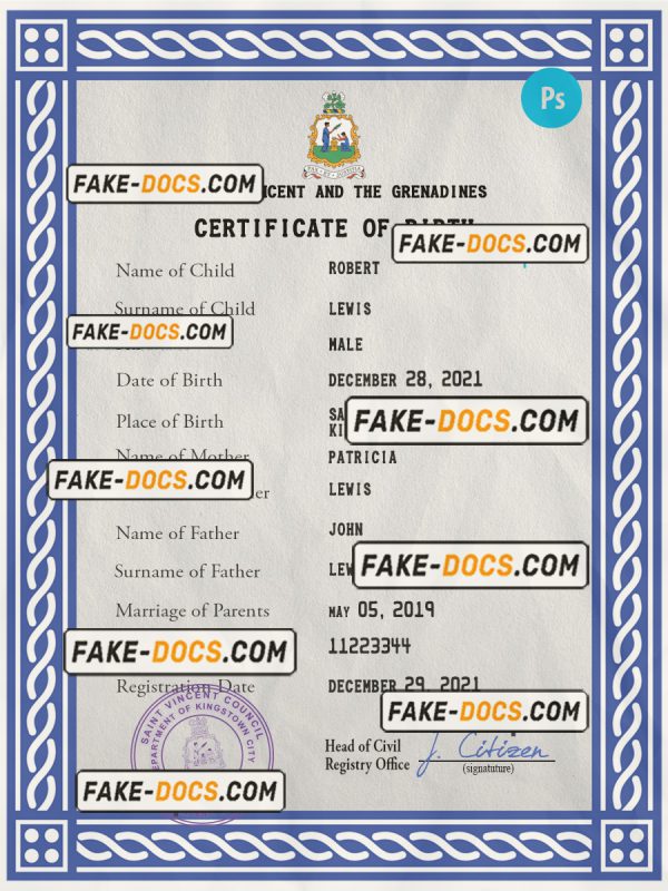 Saint Vincent and the Grenadines birth certificate PSD template, completely editable scan