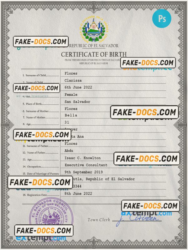 Salvador vital record birth certificate PSD template scan