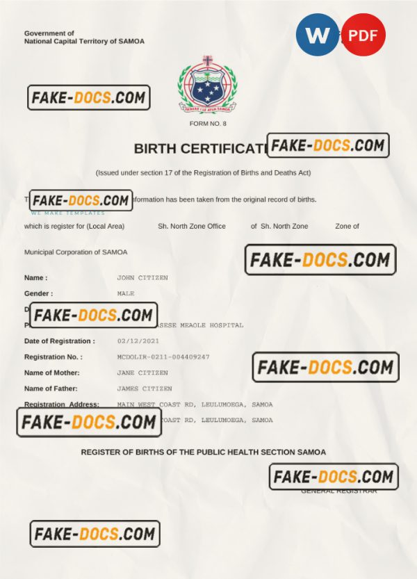 Samoa vital record birth certificate Word and PDF template, completely editable scan