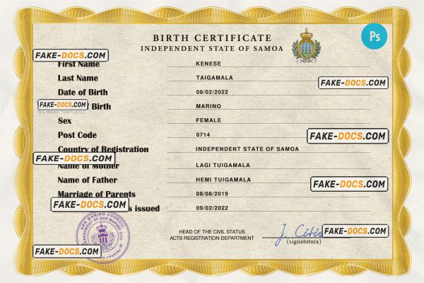 Samoa vital record birth certificate PSD template, fully editable scan