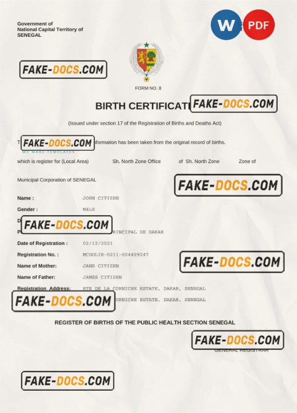Senegal vital record birth certificate Word and PDF template, completely editable scan