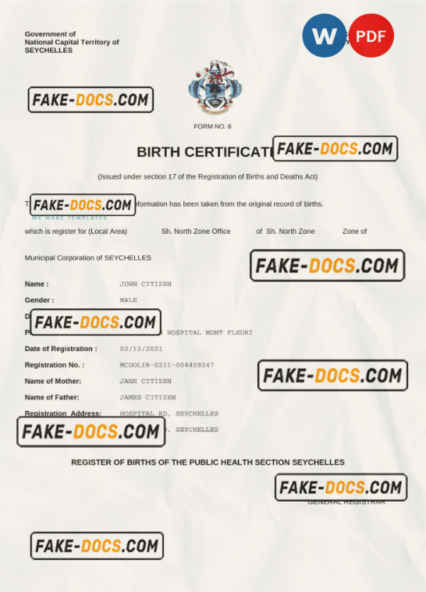 Seychelles vital record birth certificate Word and PDF template, completely editable scan