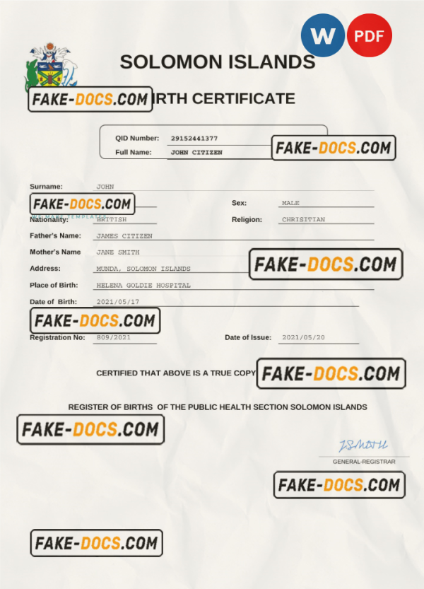Solomon Islands vital record birth certificate Word and PDF template, completely editable scan