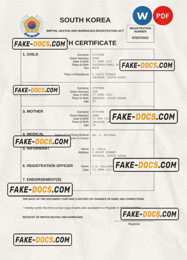 South Korea birth certificate Word and PDF template, completely editable scan