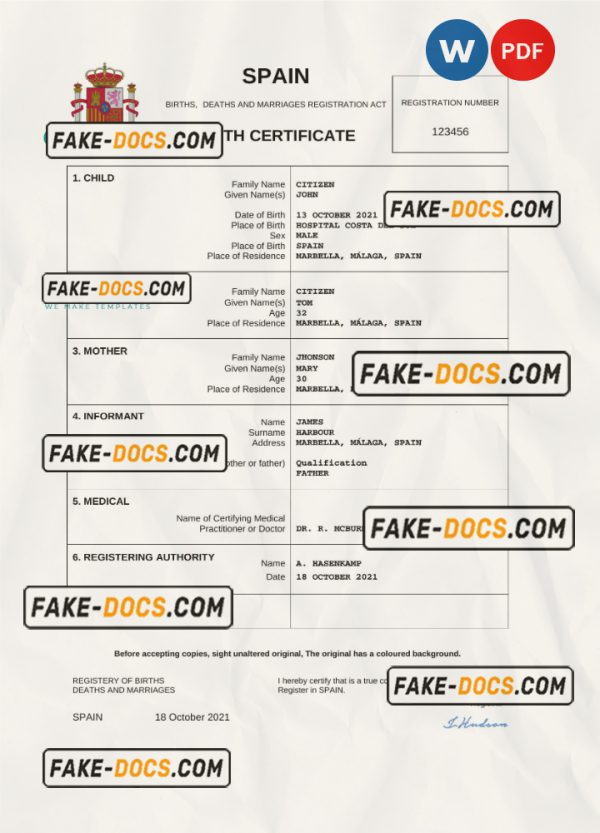 Spain birth certificate Word and PDF template, completely editable scan