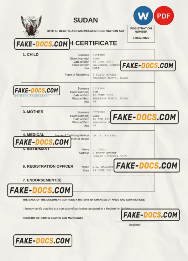 Sudan birth certificate Word and PDF template, completely editable scan