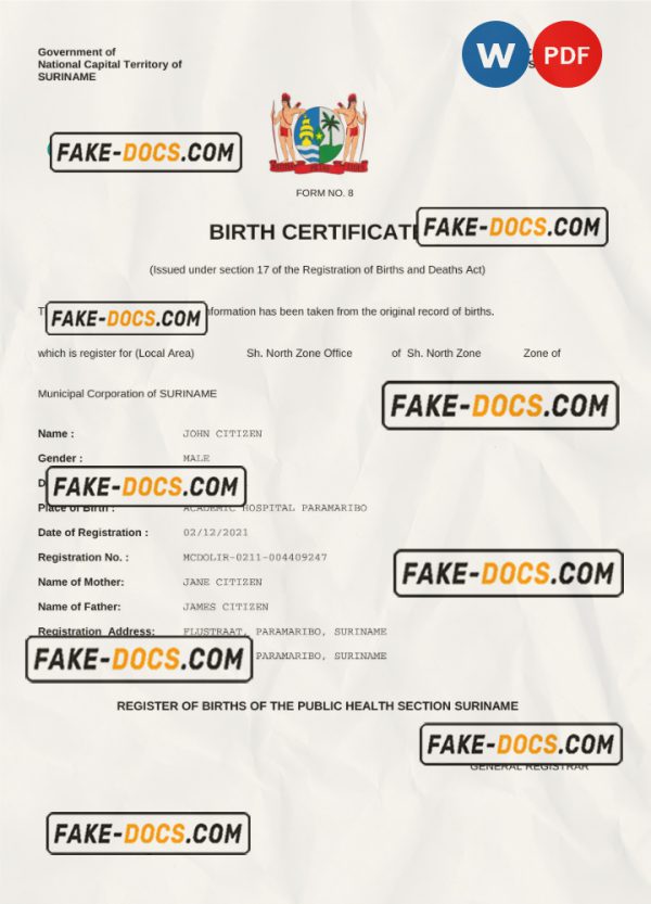 Suriname vital record birth certificate Word and PDF template, completely editable scan