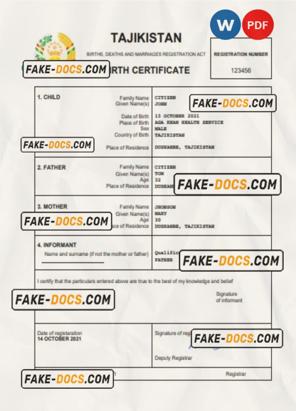 Tajikistan vital record birth certificate Word and PDF template, completely editable scan