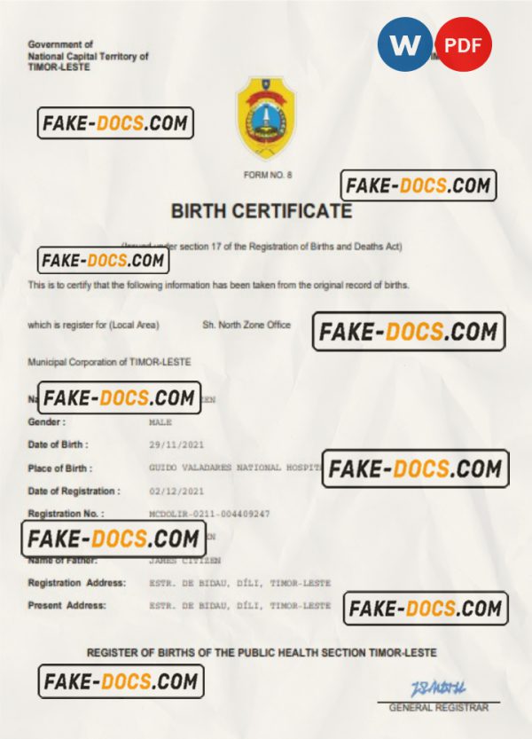 Timor-Leste birth certificate Word and PDF template, completely editable scan