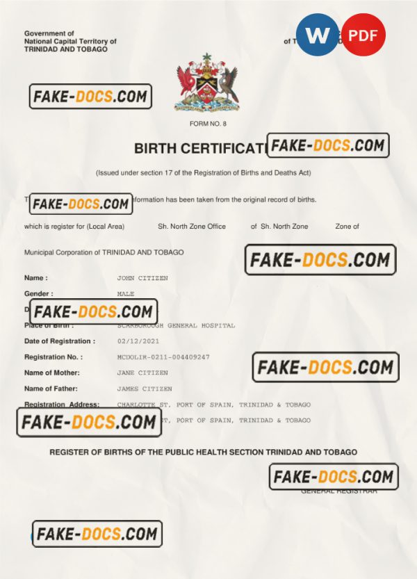Trinidad & Tobago birth certificate Word and PDF template, completely editable scan