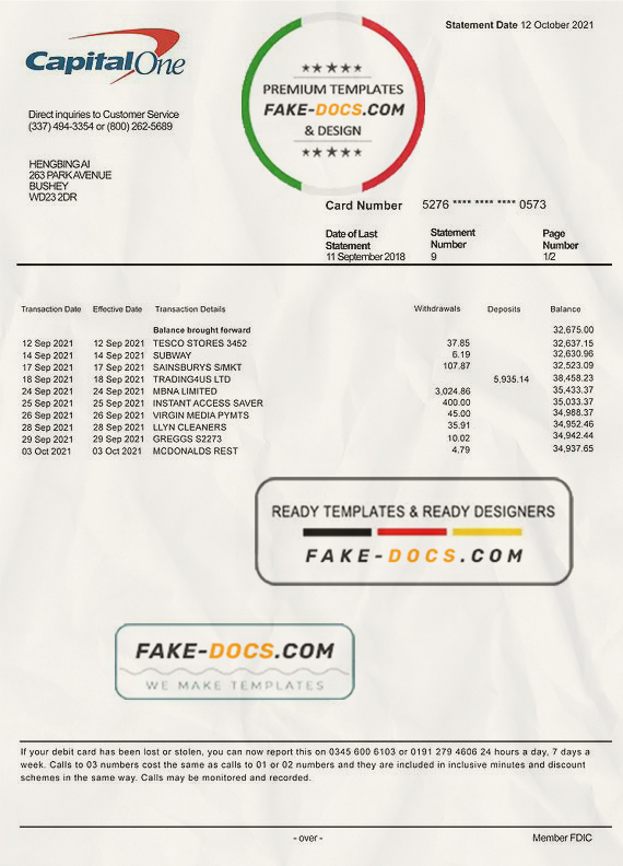 USA Capital One bank statement template, fully editable in PSD format, version 2 scan
