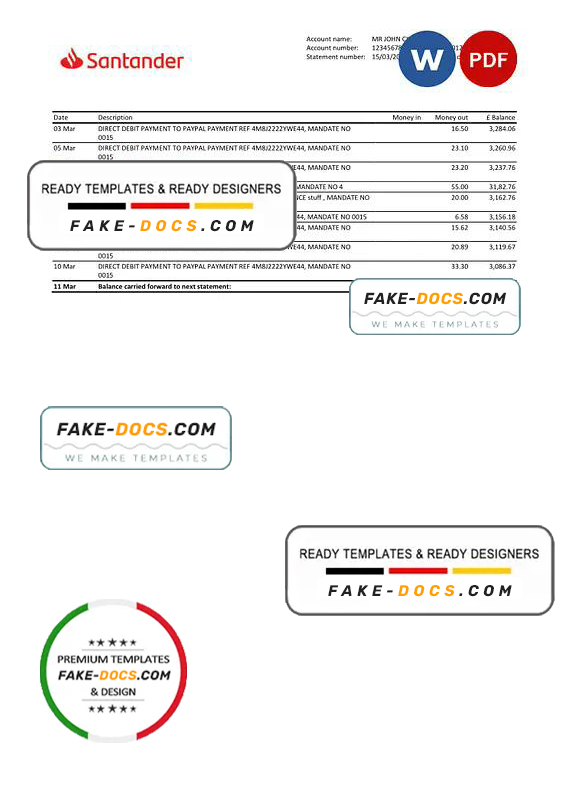 United Kingdom Santander Bank Statement Word And Pdf Template 3 Pages Fake Docs 0249