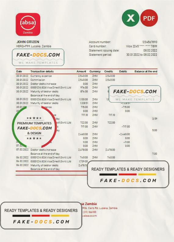 Zambia Absa bank statement, Excel and PDF template scan
