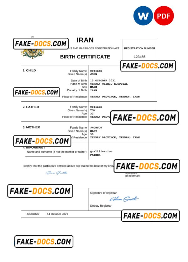 Iran vital record birth certificate Word and PDF template, completely editable