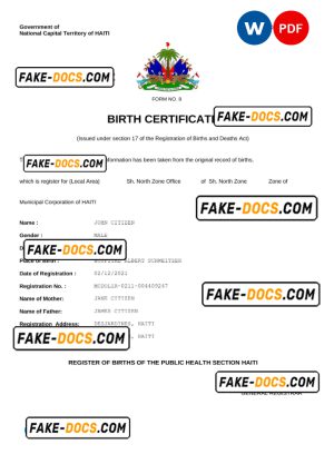 Haiti vital record birth certificate Word and PDF template, completely editable