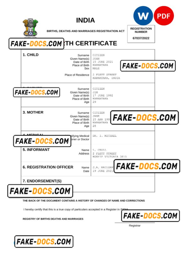 India vital record birth certificate Word and PDF template, completely editable