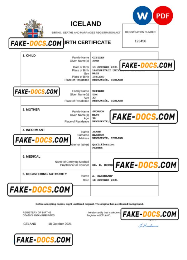 Iceland birth certificate Word and PDF template, completely editable
