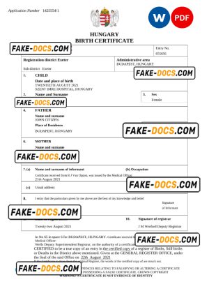 Hungary vital record birth certificate Word and PDF template, completely editable