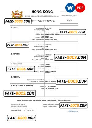 Hong Kong birth certificate Word and PDF template, completely editable