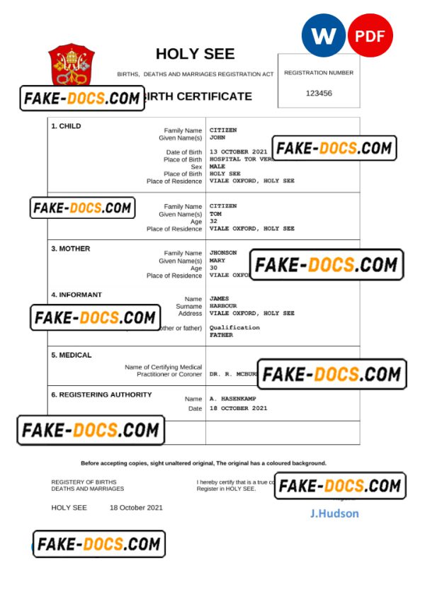 Holy See vital record birth certificate Word and PDF template, completely editable
