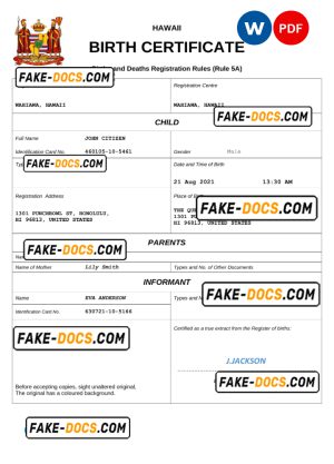 Hawaii birth certificate Word and PDF template, completely editable