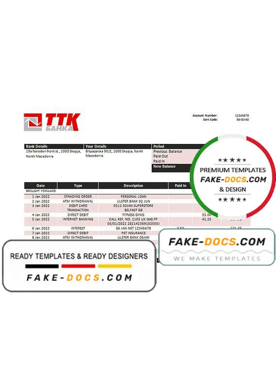 Macedonia TTK bank statement template in Word and PDF format Macedonia TTK bank statement template in Word and PDF format