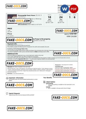 South Korea hotel booking confirmation Word and PDF template, 2 pages