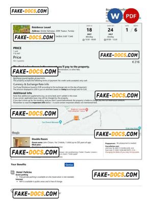 Tunisia hotel booking confirmation Word and PDF template, 2 pages