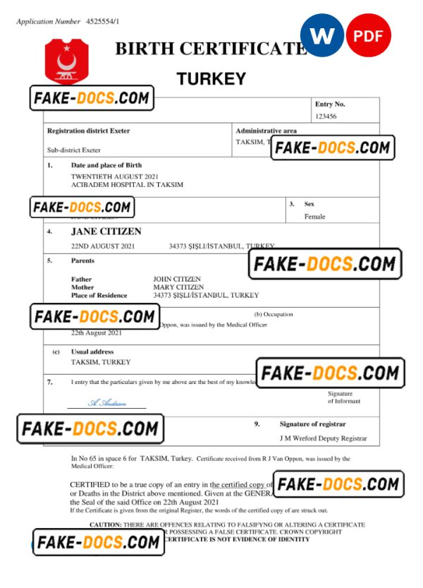 Turkey birth certificate Word and PDF template, completely editable