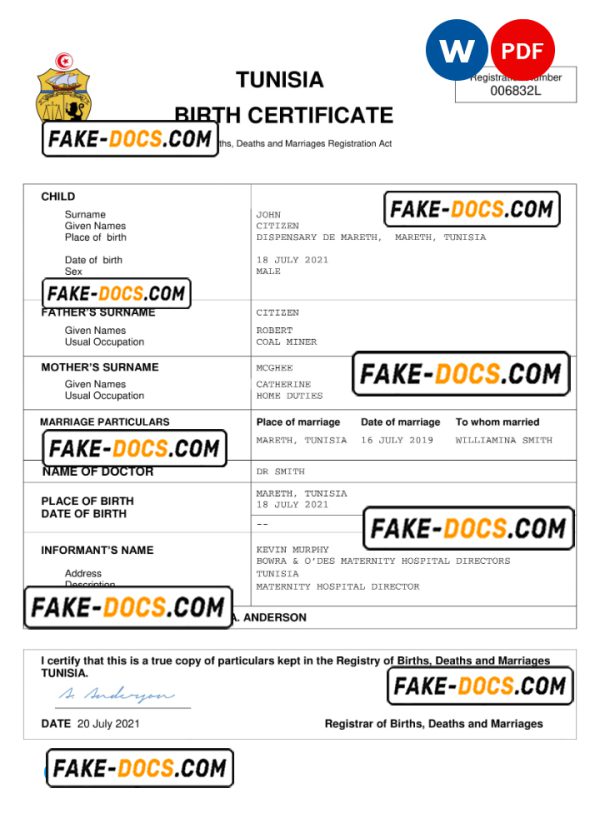 Tunisia vital record birth certificate Word and PDF template, completely editable