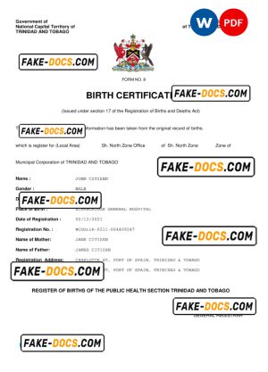 Trinidad & Tobago birth certificate Word and PDF template, completely editable Trinidad & Tobago birth certificate Word and PDF template, completely editable