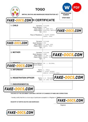 Togo vital record birth certificate Word and PDF template, completely editable Togo vital record birth certificate Word and PDF template, completely editable
