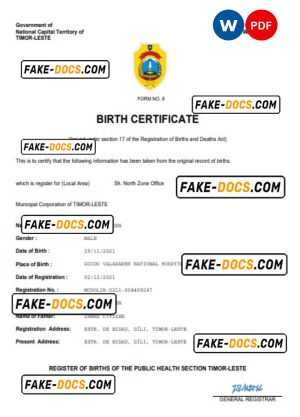 Timor-Leste birth certificate Word and PDF template, completely editable Timor-Leste birth certificate Word and PDF template, completely editable