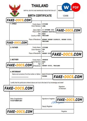 Thailand vital record birth certificate Word and PDF template, completely editable Thailand vital record birth certificate Word and PDF template, completely editable