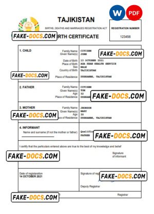 Tajikistan vital record birth certificate Word and PDF template, completely editable Tajikistan vital record birth certificate Word and PDF template, completely editable