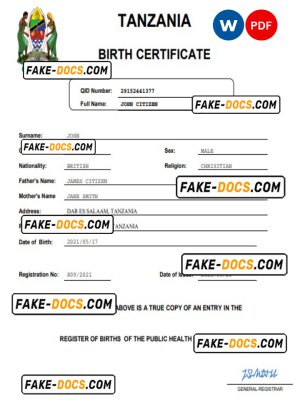 Tanzania birth certificate Word and PDF template, completely editable Tanzania birth certificate Word and PDF template, completely editable