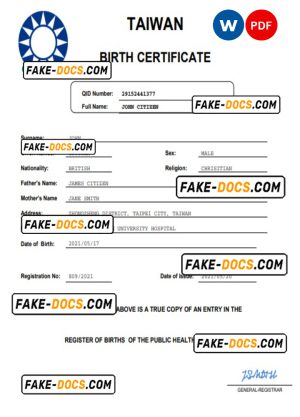 Taiwan vital record birth certificate Word and PDF template, completely editable Taiwan vital record birth certificate Word and PDF template, completely editable