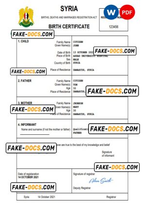 Syria birth certificate Word and PDF template, completely editable Syria birth certificate Word and PDF template, completely editable