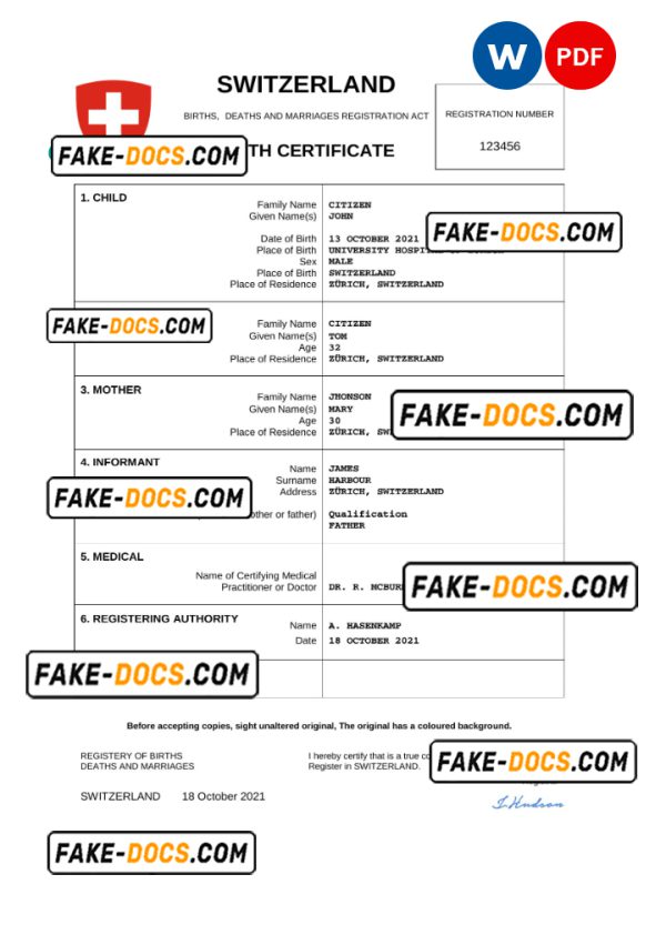 Switzerland vital record birth certificate Word and PDF template, completely editable