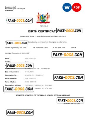 Suriname vital record birth certificate Word and PDF template, completely editable Suriname vital record birth certificate Word and PDF template, completely editable
