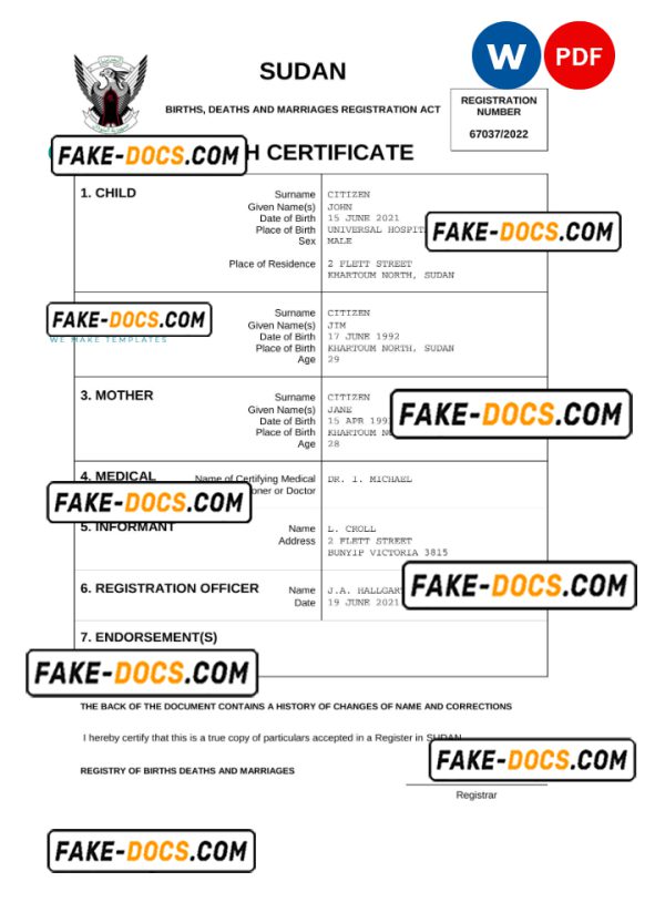 Sudan birth certificate Word and PDF template, completely editable