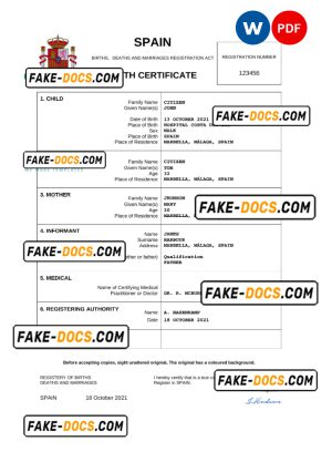 Spain birth certificate Word and PDF template, completely editable Spain birth certificate Word and PDF template, completely editable