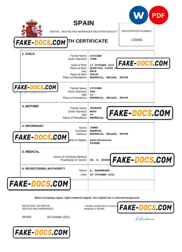 Spain birth certificate Word and PDF template, completely editable