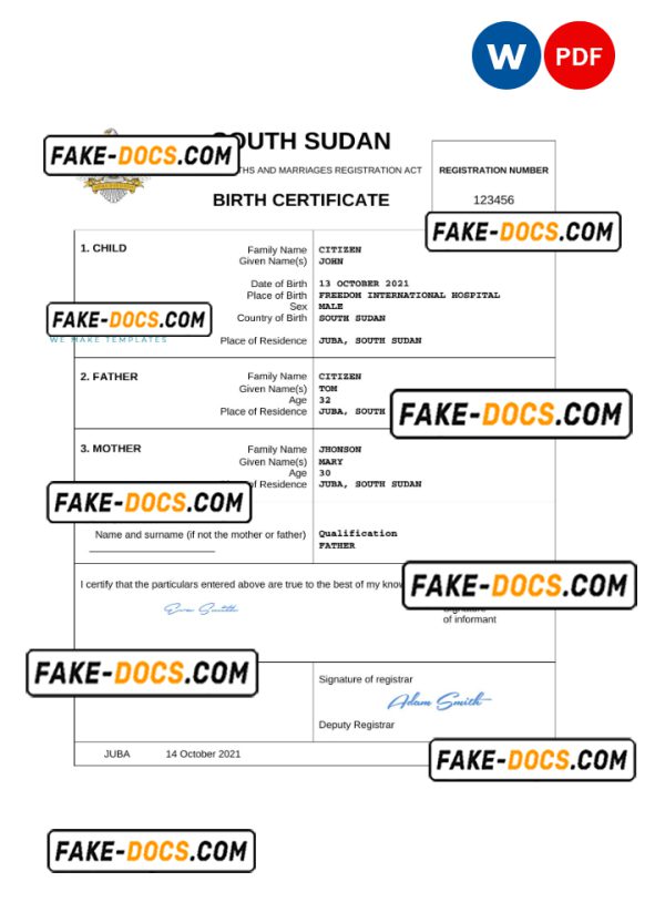 South Sudan vital record birth certificate Word and PDF template, completely editable