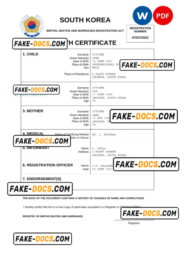 South Korea birth certificate Word and PDF template, completely editable